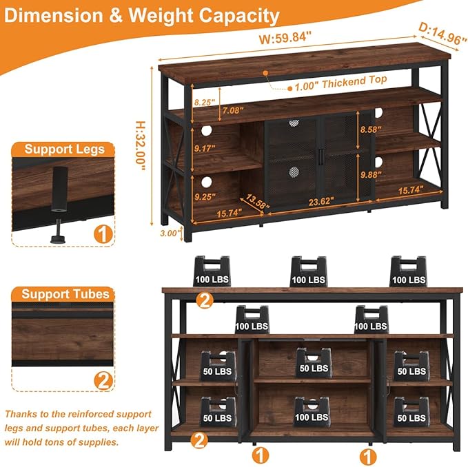 BON AUGURE Tall TV Stand for TVs up to 65 Inch, Industrial Wood Entertainment - Image 2