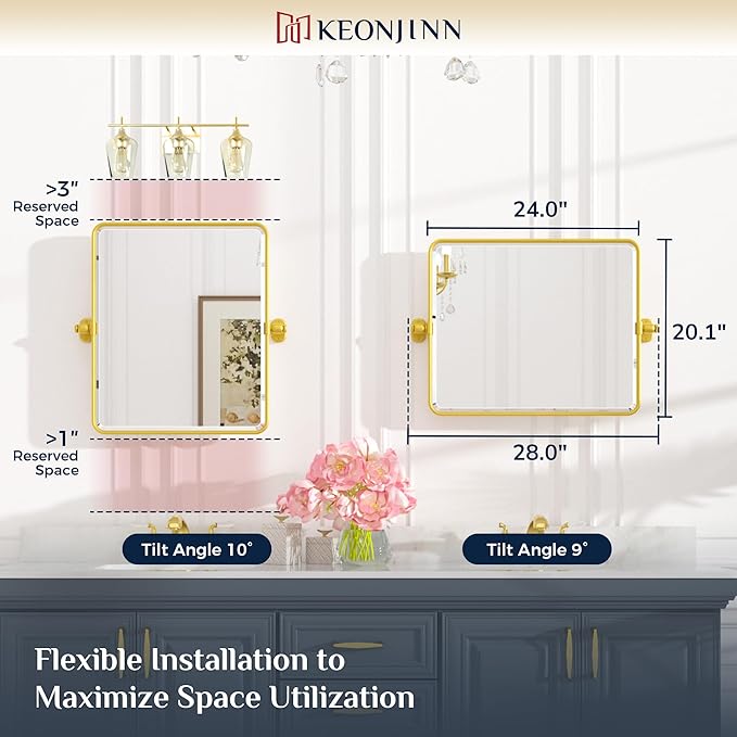 Keonjinn Gold Pivot Mirror Bathroom, 20x24 In Beveled Tilt Mirror Bathroom - Image 2