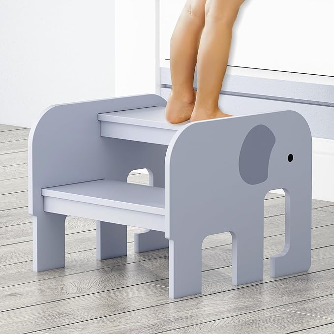Wood Step Stools for Kids, Child Two Step Stool of Elephant Shape, Toddler Step by AZODY