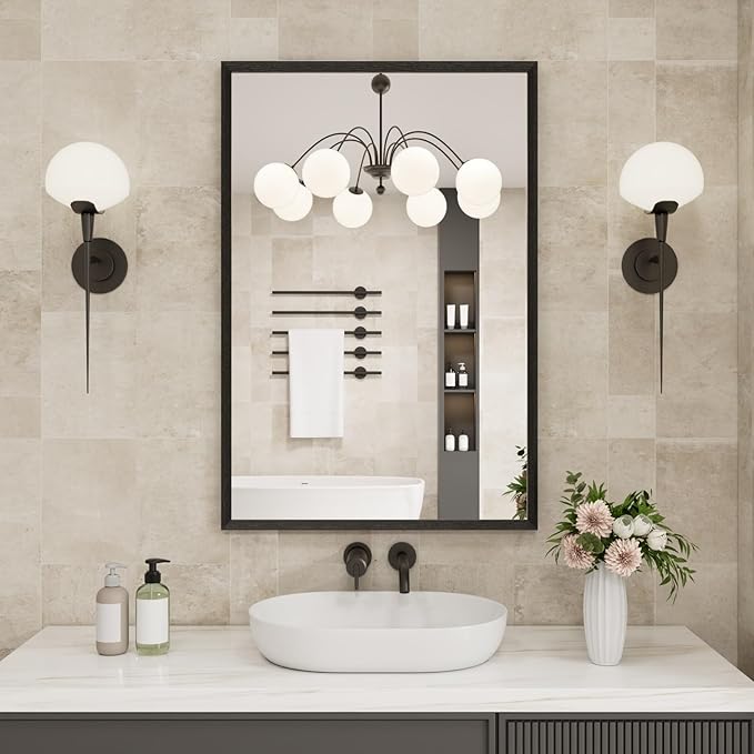 Bathroom Vanity Mirror 24x32 Inch, Matte Black Rectangle Bathroom Mirror by JISOSO