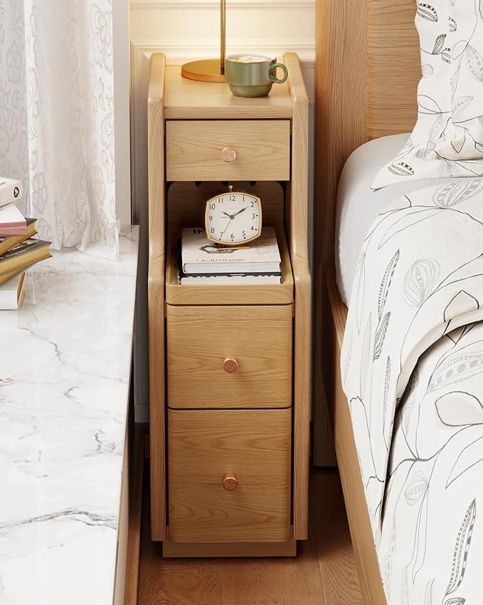 Narrow Nightstand with 3 Drawers, Solid Wood Small Nightstand Natural, Modern by AQIMUELE-Solidwoodfurniture