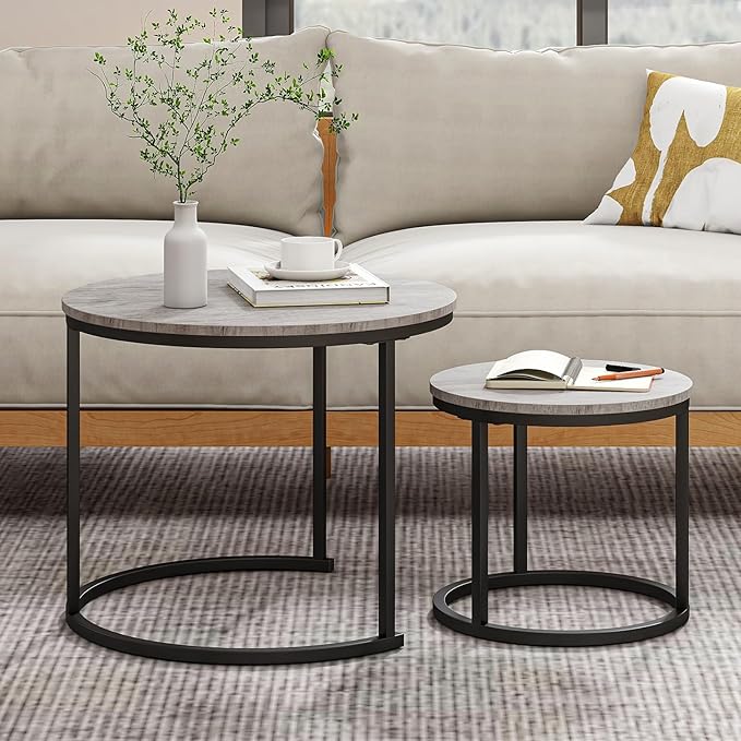 Round Coffee Table Set of 2 for Living Room, Nesting Tables Metal Frame/Wood - Image 3