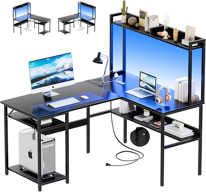 L Shaped Computer Desk with Hutch and Storage Shelves, Gaming Desk with LED by Hyomdeck