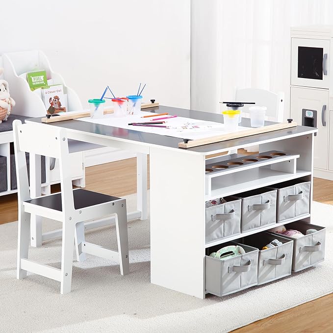 4 In 1 Kids Art Table and Chair Set, Toddler Craft Large Storage Desk - Image 2