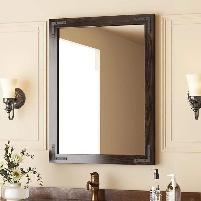 VocalStar Black Wood Framed Mirror 24 x 36 Inch, Rustic Natural Black Wooden by VOCALSTAR