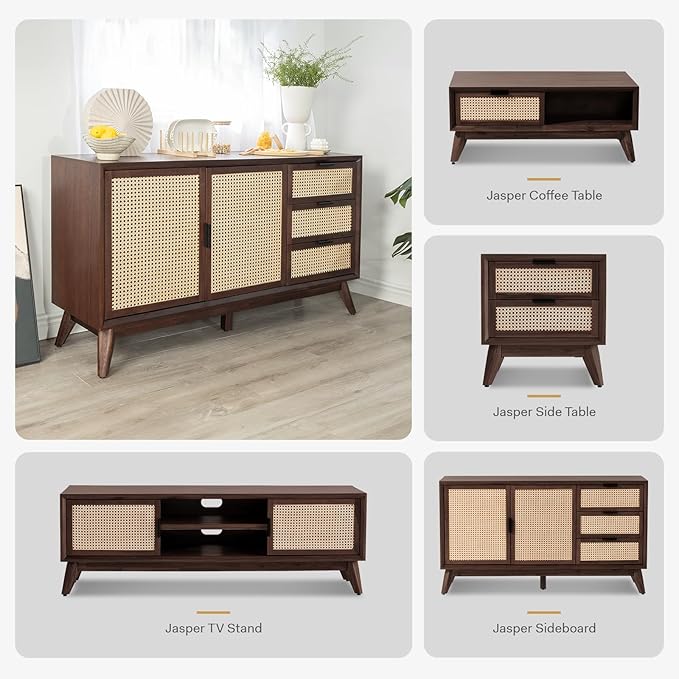 Bme Jasper Sideboard with 3 Drawers & 2 Rattan Doors, Buffet Cabinet with - Image 7
