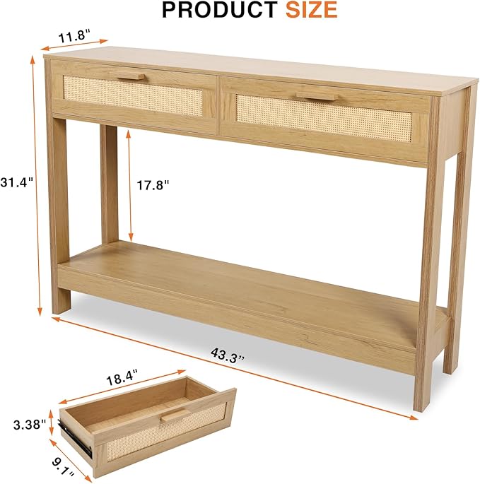 Console Table with Rattan Drawers, Boho Rattan Entryway Table with Storage - Image 3