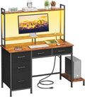 Computer Gaming Desk with Hutch, Home Office Desk with Power Outlets, LED Light by Korfile