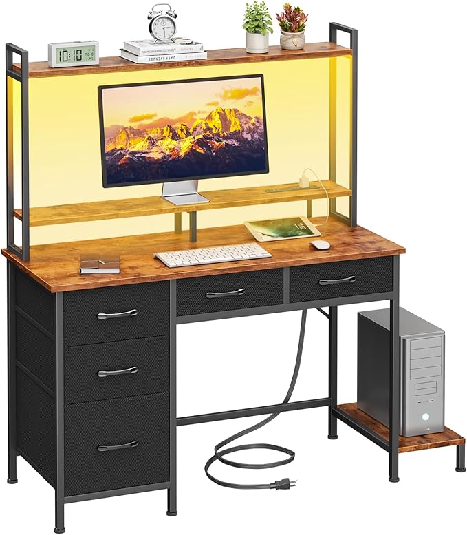 Computer Gaming Desk with Hutch, Home Office Desk with Power Outlets, LED Light by Korfile