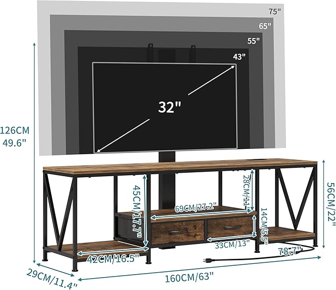 63" W TV Stand with Mount for 50, Entertainment Center with Power Outlet and - Image 2