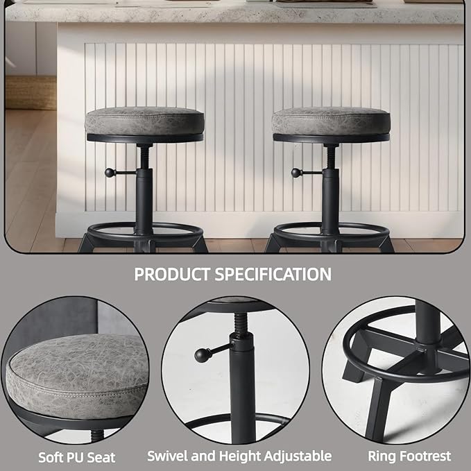 Industrial Bar Stools-Standard Height Chairs-Swivel Pu Seat-Kitchen Island - Image 4