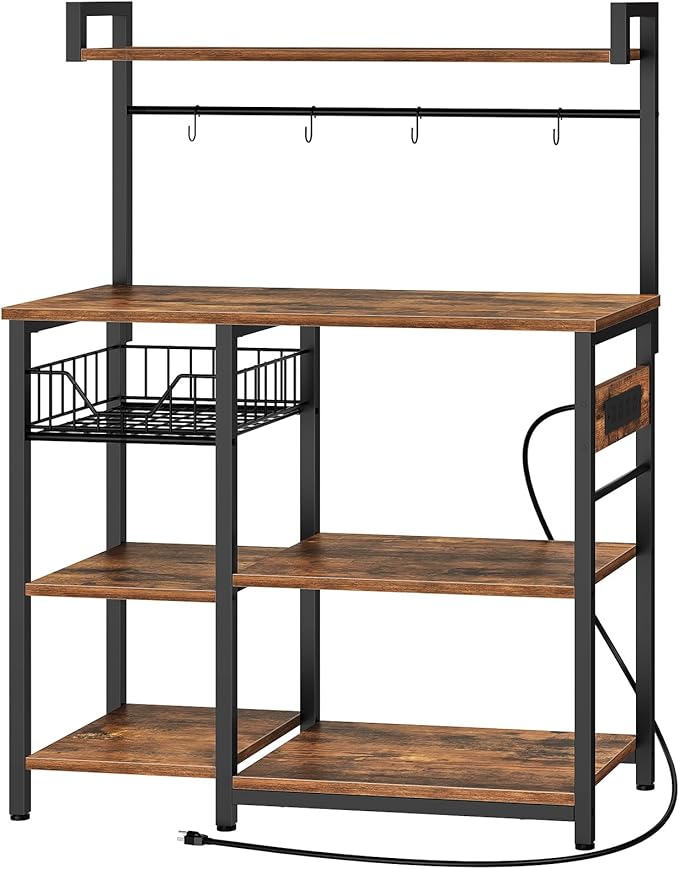 HOOBRO Bakers Rack with Power Outlet, 35.4 Inches Coffee Bar with Mesh Basket by HOOBRO