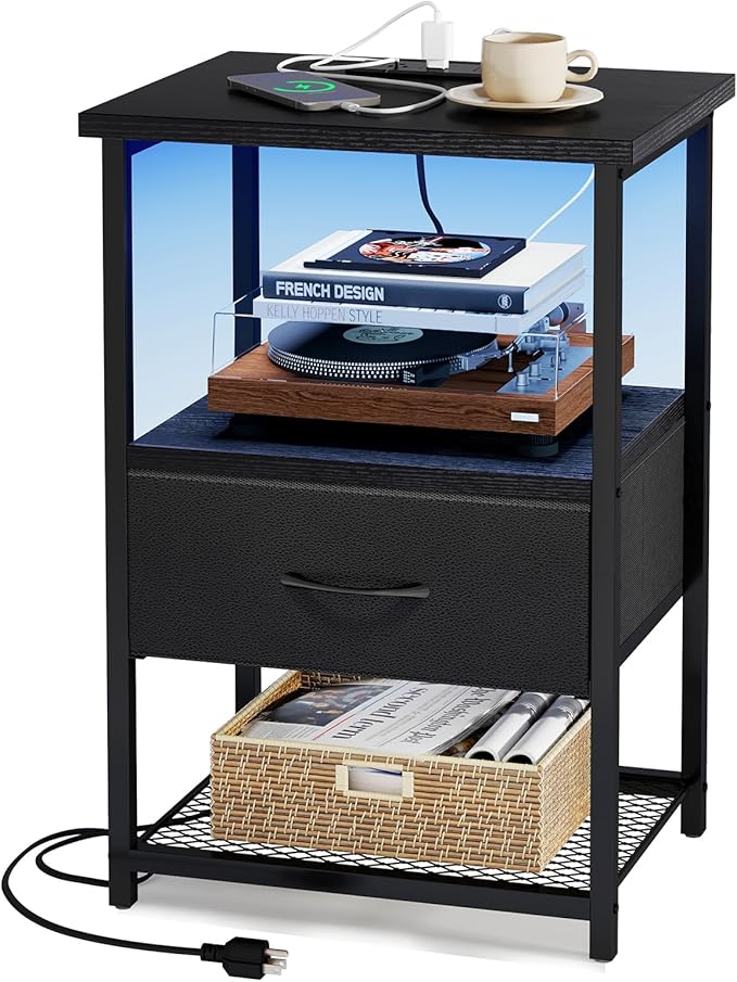 Fixwal Night Stand with Charging Station, LED Nightstand Side Table with Fabric by Fixwal