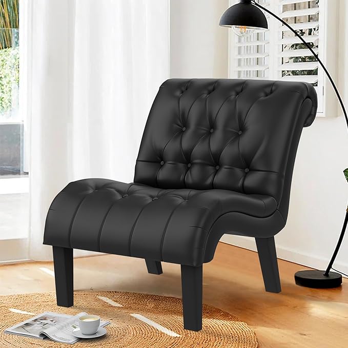 Yongqiang Black Faux Leather Accent Chair Modern Button Tufted Upholstered - Image 3
