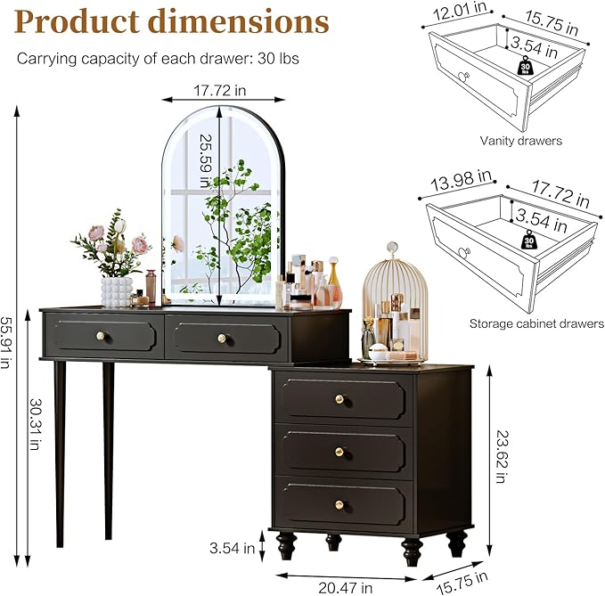 Black, Vanity Desk with Mirror and Lights, Makeup Vanity with Power Outlet and - Image 5