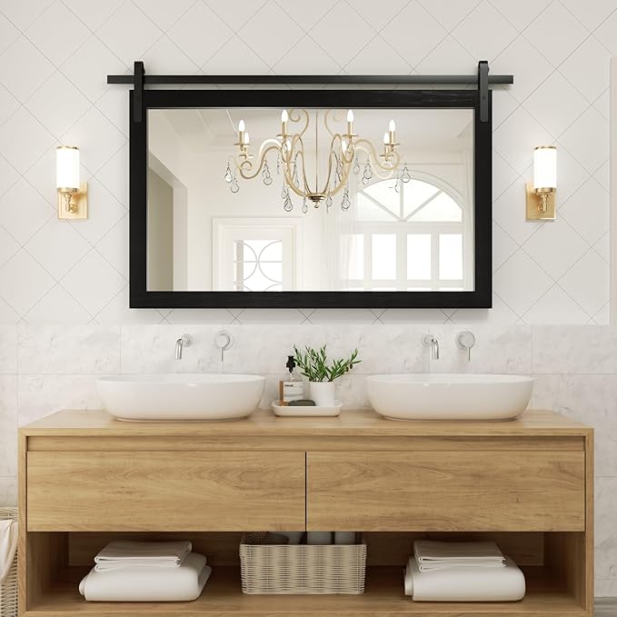 Black Farmhouse Mirror for Wall, 40x26INCH Large Wood Framed Square Bathroom - Image 9