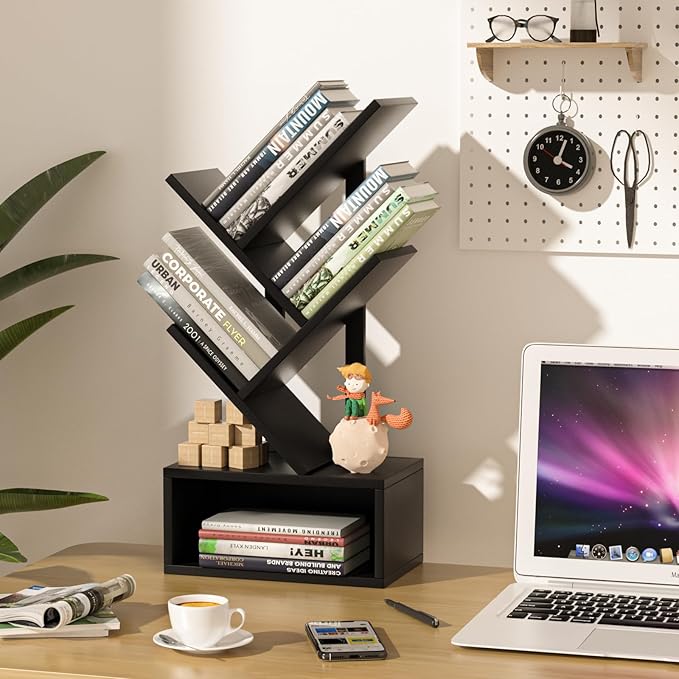 Small Tree Book Shelf, 5 Tier Black Tree Bookshelf, Modern Desk Display Storage - Image 7