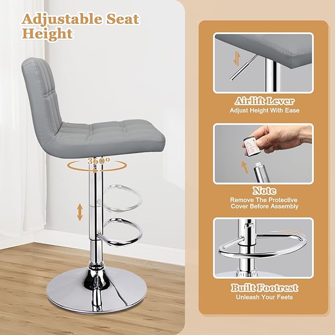 Bar Stools Set of 2, Armless Adjustable Swivel Barstools - Image 6