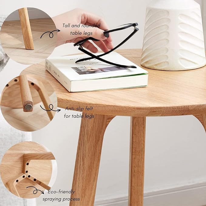 100% Solid Oak Round Side Table Set of 2, Small Bedside Table - Image 4