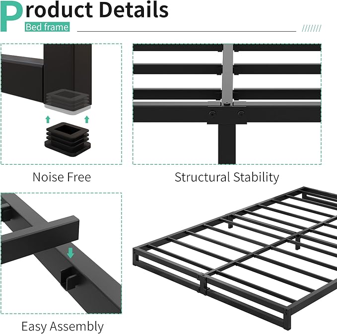 6 Inch Bed Frame Queen Size Heavy Duty Steel Slat Support Metal Platform Queen - Image 3