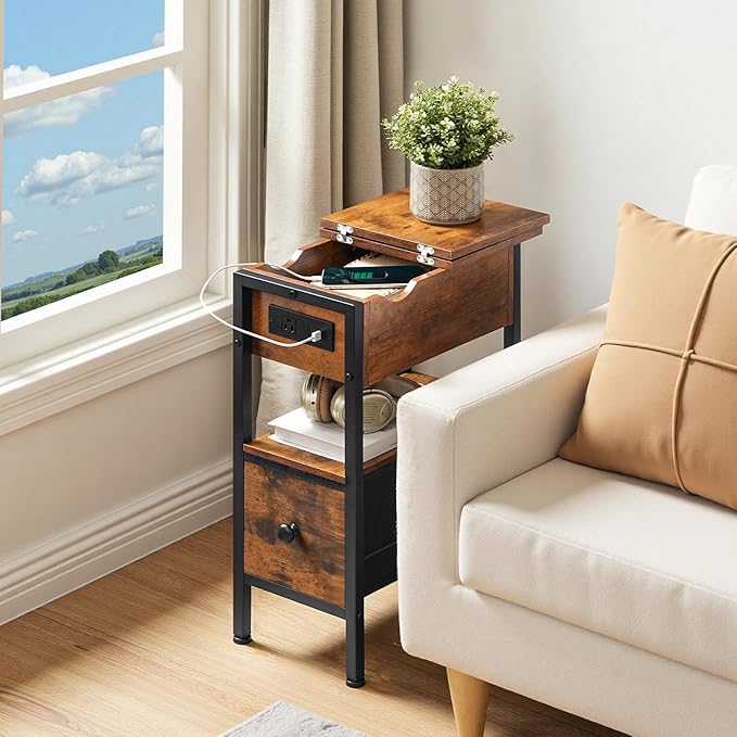 HOOBRO End Table with Charging Station, Flip Top Narrow Side Table with Storage - Image 2