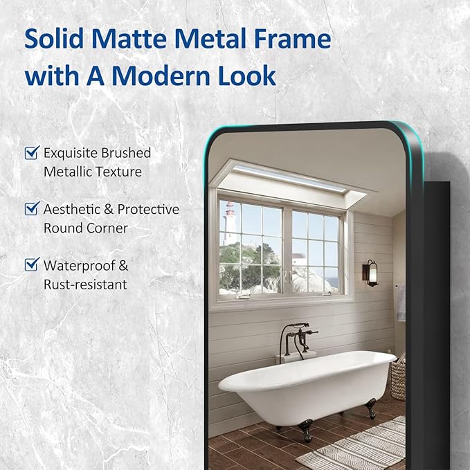 16x24 Inch Black Mirror Medicine Cabinet Metal Framed Recessed Wall Mounted - Image 6