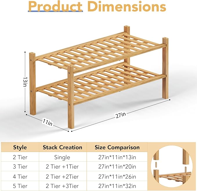 Haddockway 2 Tier Bamboo Shoe Rack Storage Organizer, Small Space 27"x11"x13" - Image 3