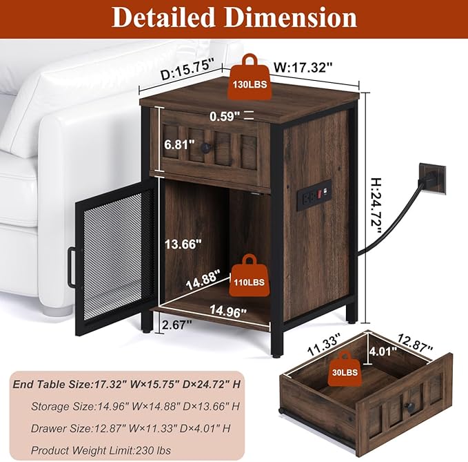 FATORRI End Table with Charging Station, Farmhouse Side Table with Drawer - Image 2