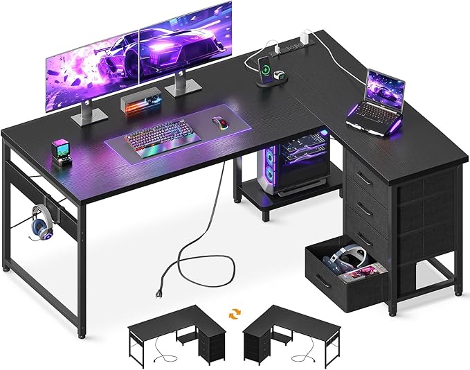 AODK L Shaped Gaming Desk with 4 Drawers, L Shaped Computer Desk with USB by AODK