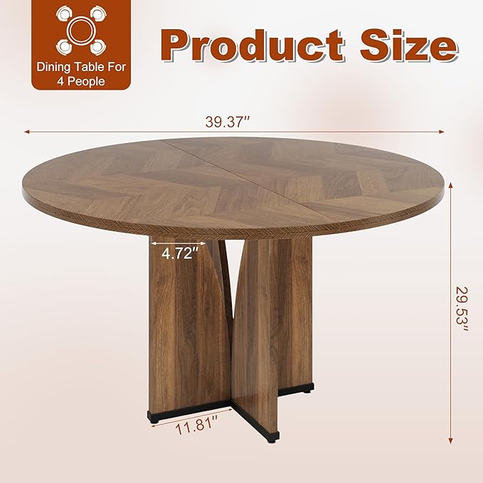 Round Dining Table for 4, 39 Inch Small Dinner Table Farmhouse Wooden Circle - Image 2