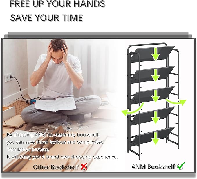 4NM No Assembly Folding Bookshelf 5 Tiers Vintage Industrial Black Book Shelf - Image 6