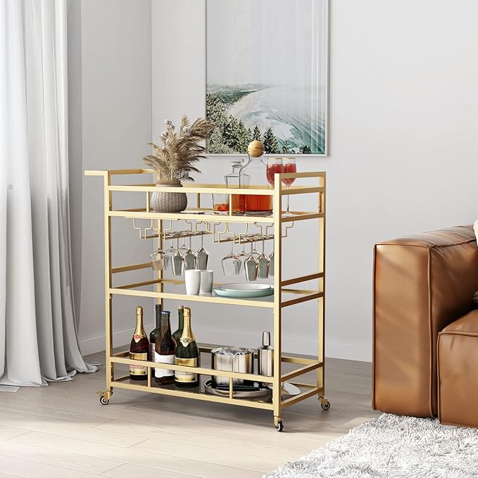 Gold Bar Carts with 3 Tier Glass Shelves, Rolling Serving Bar Cart with Wine by LORMITER