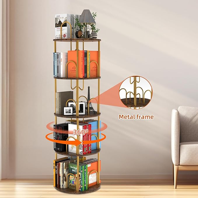 4 Tier Rotating Bookshelf, 360° Spinning Bookshelf Tower, Round Narrow Space - Image 5
