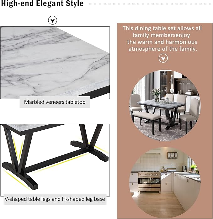 6 Pieces Dining Table Set with 60" Rectangle Marbled Veneers Tabletop Kitchen - Image 6