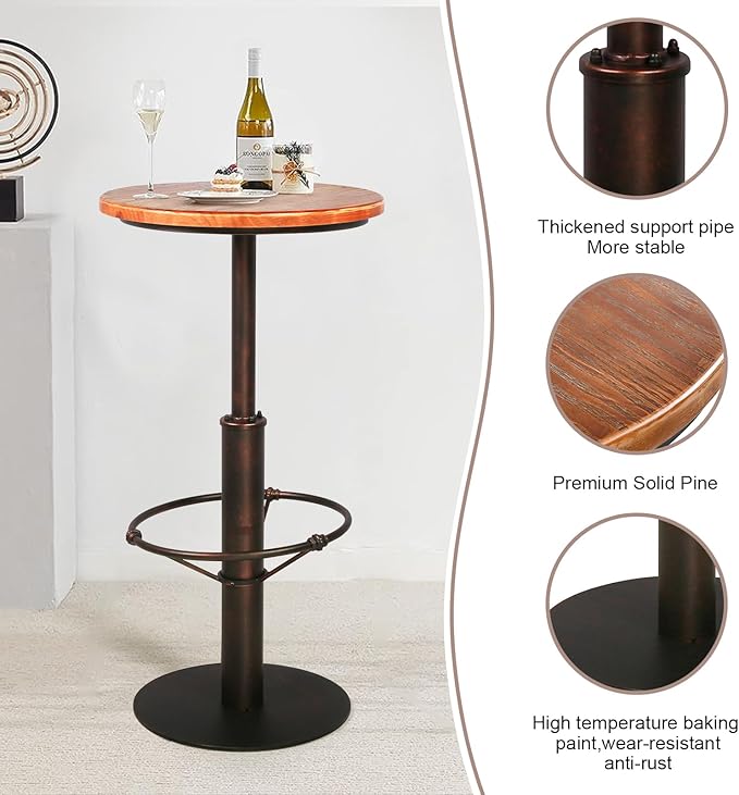 Topower Industrial Pub Table 19.7" Round Solid Pine Wood Top 42.2" Height Bar - Image 4
