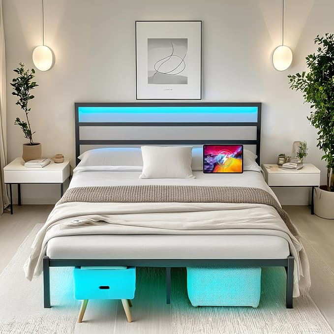Queen Bed Frame with Headboard, Heavy Duty Steel Slats Support-LED Bed Frame by CLIBFENG