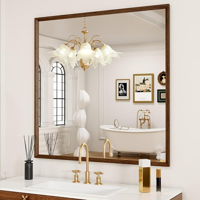 Bathroom Vanity Mirror 36x36 Inch, Walnut Rectangle Bathroom Mirror, 4MM - Image 2