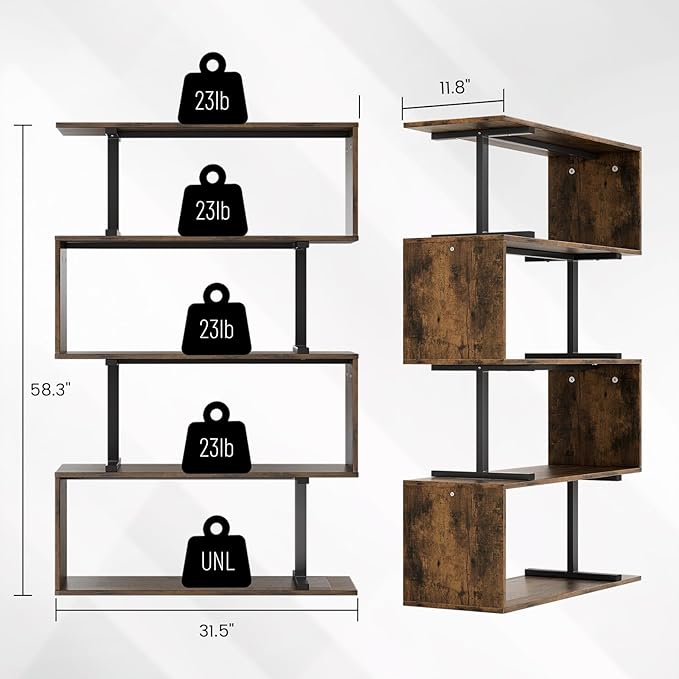 5-Tier Geometric Bookshelf, S Shaped Bookcase, 31.5" W x 58.3" H Wood - Image 2