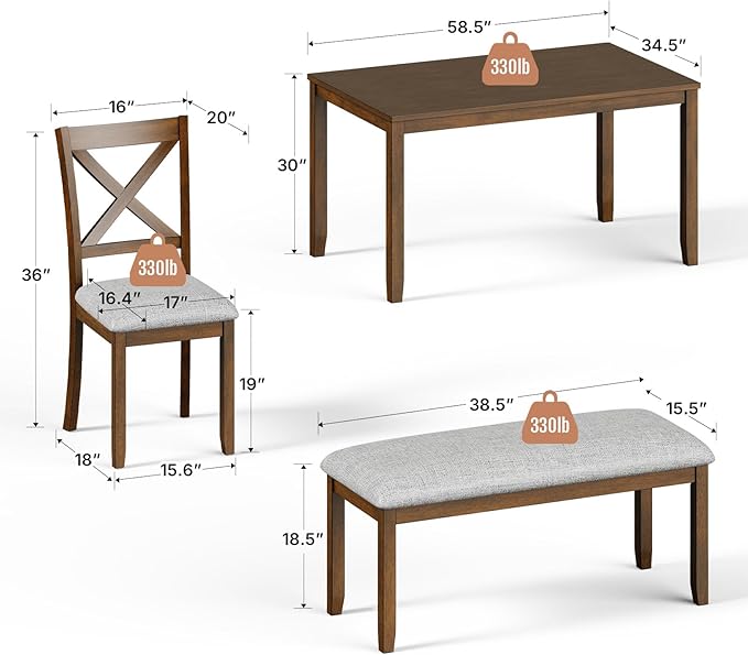 6-Piece Solid Wood Dining Table Set, Including 1 Dining Table, 4 Upholstered - Image 2