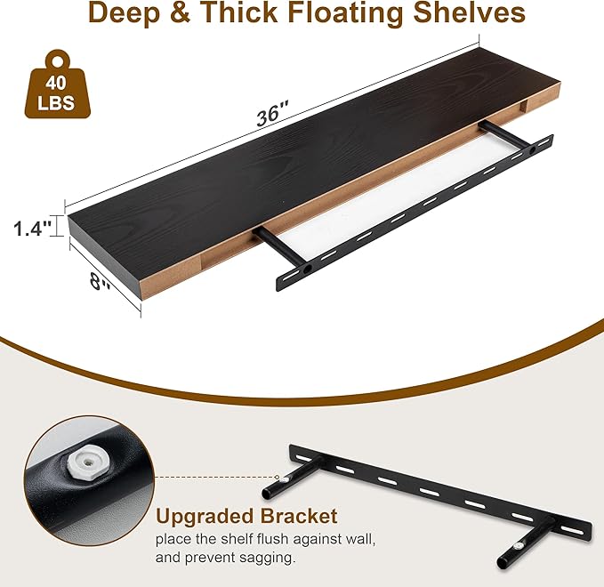 Fun Memories Black Floating Shelves 36 Inch Long, 8 Inch Deep Floating Shelf - Image 3