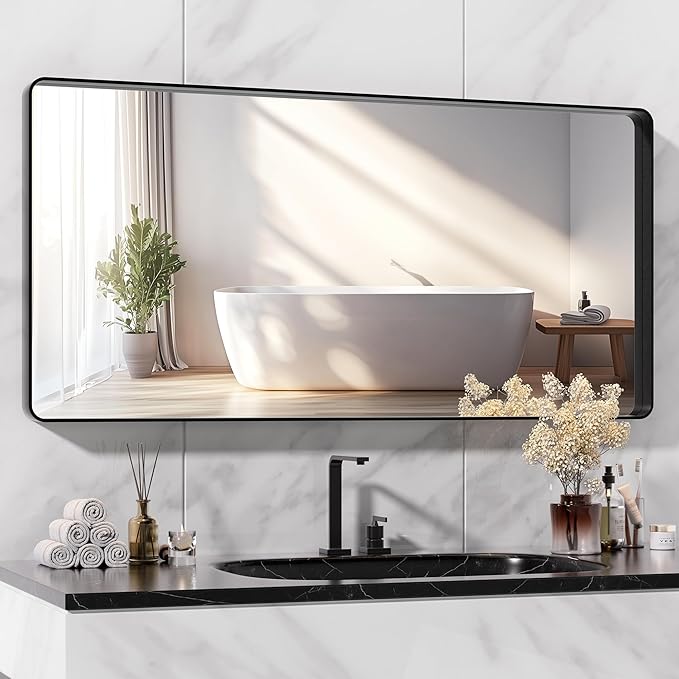 Hasipu Black Bathroom Mirror for Wall, 48 x 24 Inch Metal Framed Bathroom by Whatssuitableisthebest