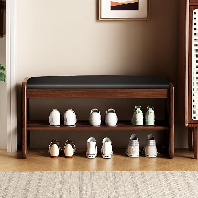 Wooden Shoe Storage Bench with Padded Top Cushion, Two-Tier Wooden Shoe Rack - Image 3