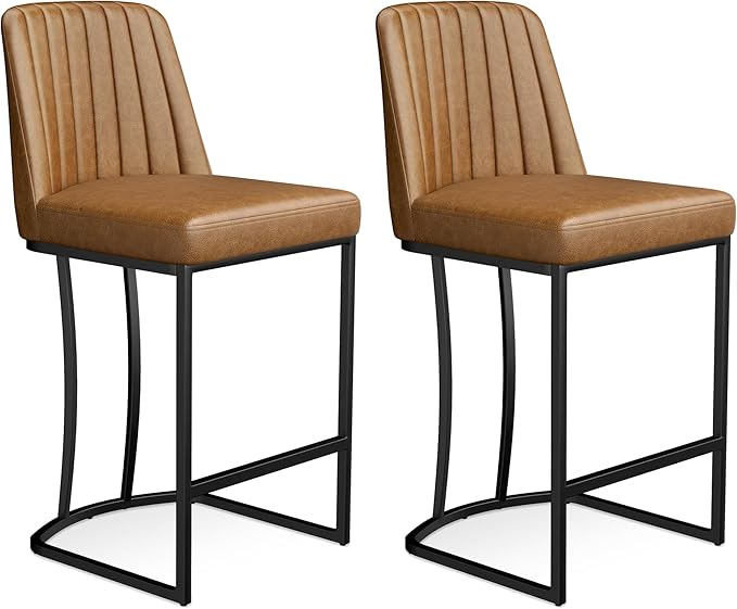 Counter Height Bar Stools Set of 6, Upholstered Leather Barrel Barstools - Image 9