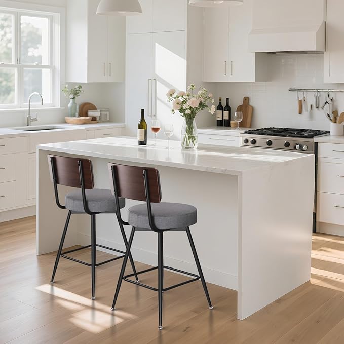 Counter Height Bar Stools, Round Swivel Bar Chair, Fabric Upholstered Barstools - Image 7