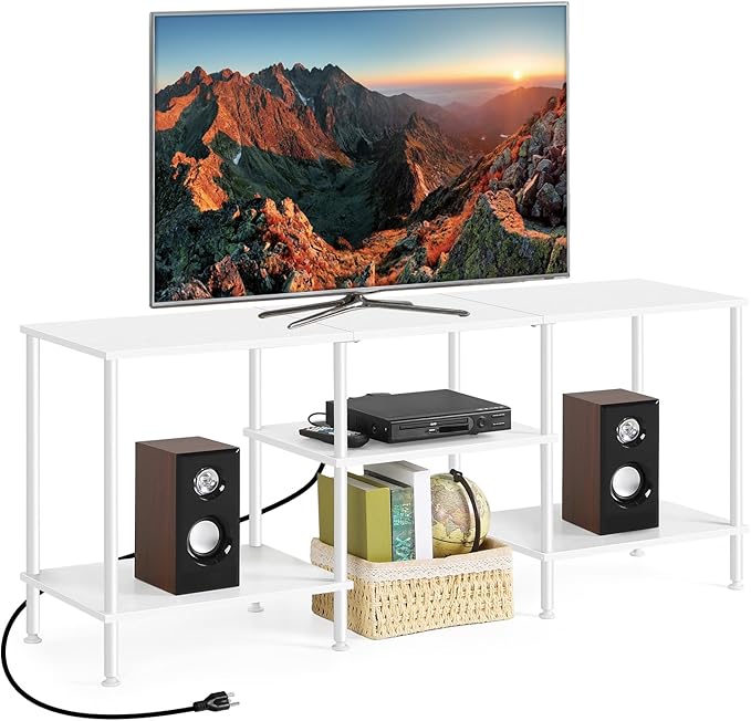 BTY White TV Stand with Storage, Wood Entertainment Center with Power Outlet by BTY