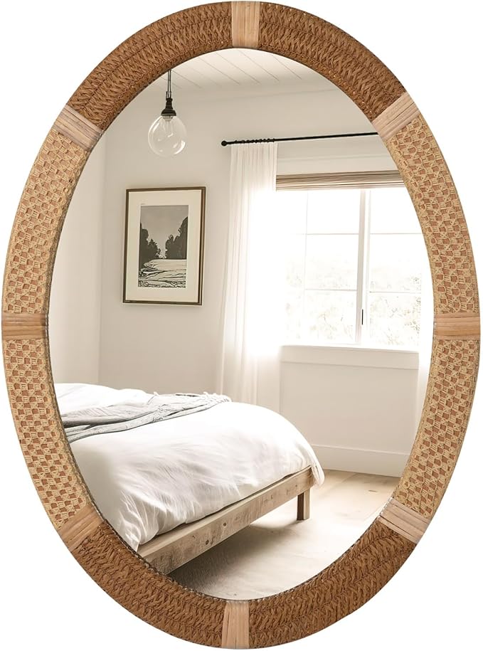 ULIKE Oval Rattan Wall Mirror, 22x30 Inch Rustic Farmhouse Wall Decor by ULIKE