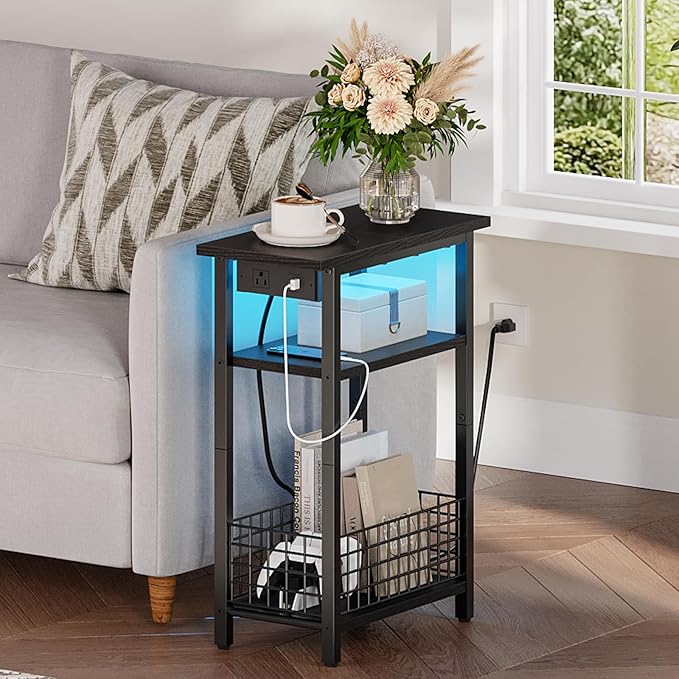 HOOBRO Narrow Side Table with Charging Station and LED Light, Small End Table - Image 4