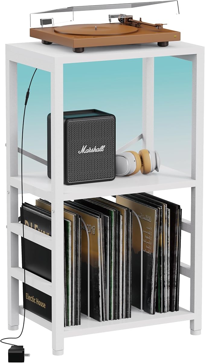 End Table with LED Light, Record Player Stand with Albums Storage, Vinyl by YAKANJ