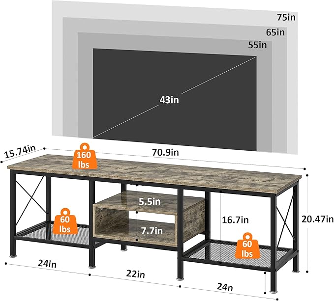 VECELO Industrial TV Stand for 75 Inch Television Cabinet 3-Tier Console - Image 6