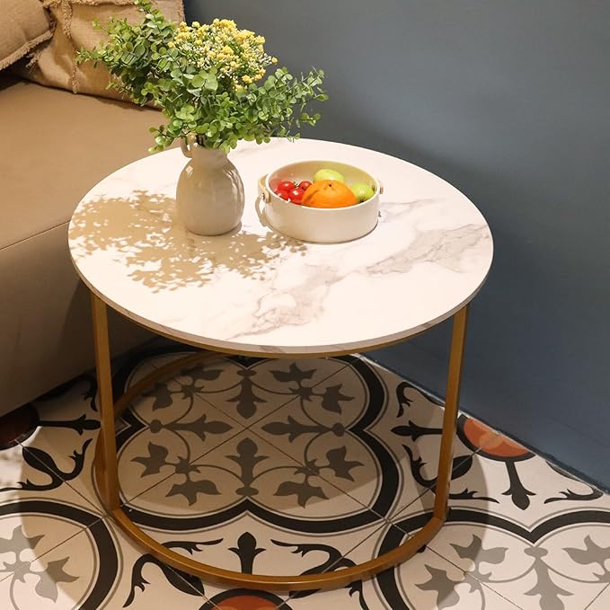 aboxoo Coffee Table Nesting White Set of 2 Side Set Golden Frame Circular Round - Image 9